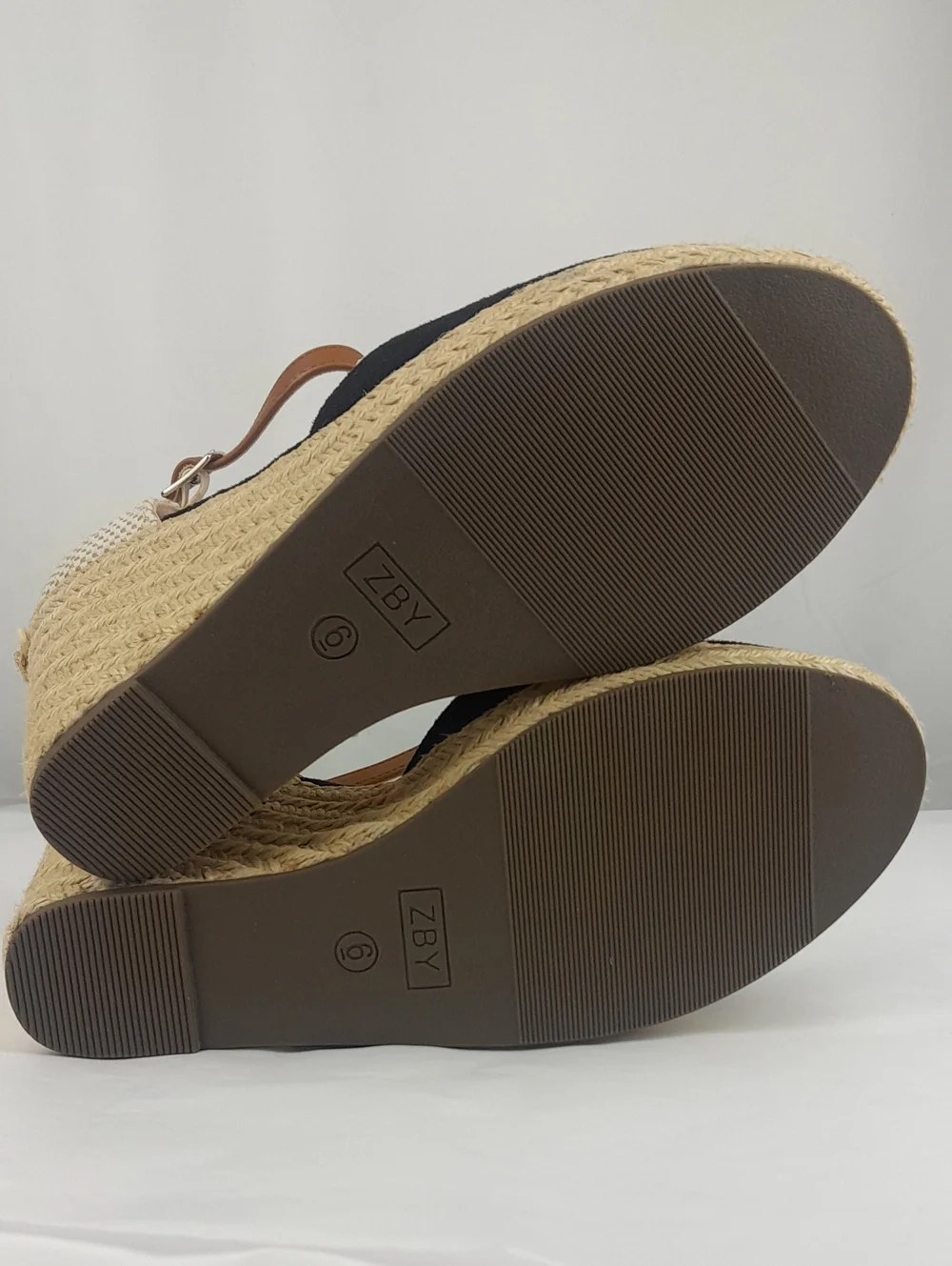 Fisace Espadrille Black Tan Closed Toe Strap Wedge Heels